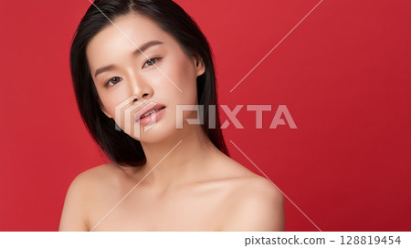 A beautiful young Asian woman with clean, fresh skin against a red background. Skincare, facial treatment, cosmetology, beauty, and spa. An elegant portrait of an Asian woman. 128819454