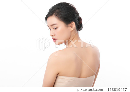 Beautiful young asian woman back view with clean fresh skin on white background, Face care, Facial treatment, Cosmetology, beauty and spa, Asian women portrait. 128819457