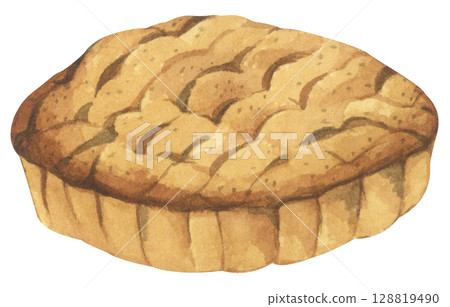 Autumn Pie Set. Cozy Autumn Dessert Watercolor for Feast, Family, and Harvest. Festive Holiday Dish for Thanksgiving, Halloween, or Holiday Menu. 128819490