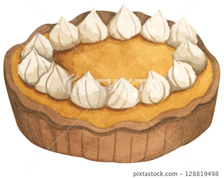 Autumn Pie Set. Cozy Autumn Dessert Watercolor for Feast, Family, and Harvest. Festive Holiday Dish for Thanksgiving, Halloween, or Holiday Menu. 128819498