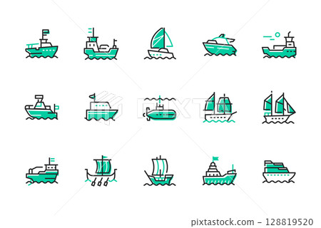 Water transport - set of line design style icons Water transport - set of line design style icons 128819520
