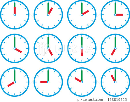 Illustration set for how to read the time on the clock 128819523