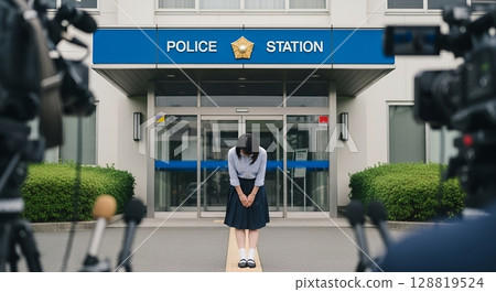 A woman bows to reporters in front of a police station 128819524