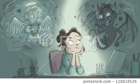 "Generative AI" depicts a person being forced to choose between good and evil and caught between an angel and a devil 128819526