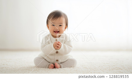 A young baby sitting on a fluffy carpet: "Generative AI" 128819535