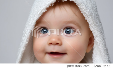 A close-up of a cute baby smiling while wearing a white towel: Generative AI 128819538
