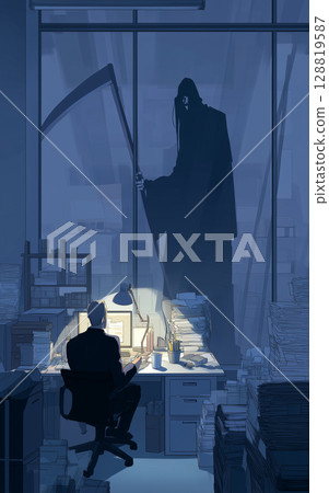 An illustration of the Grim Reaper approaching an office worker working overtime in an office late at night "Generative AI" 128819587