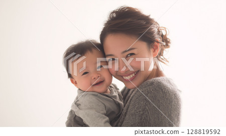 Generative AI creates portrait of a loving mother smiling and holding her baby 128819592