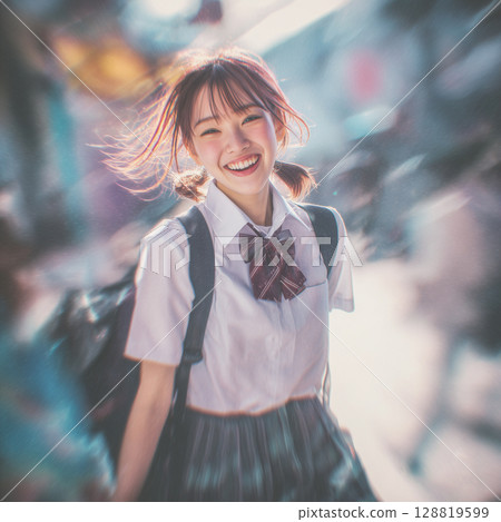「生成式人工智慧」創造出身穿制服、笑容燦爛的女學生的青春形象 128819599