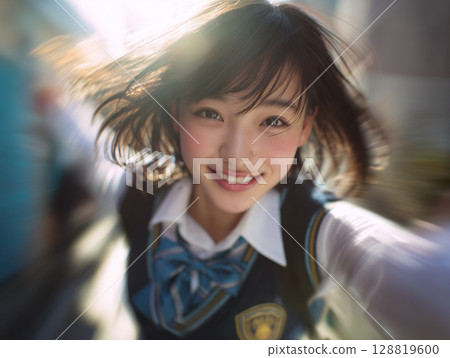 「生成式人工智慧」創造出身穿制服、笑容燦爛的女學生的青春形象 128819600