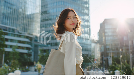 A Japanese woman in business casual attire walking through an urban office district: "Generative AI" 128819612