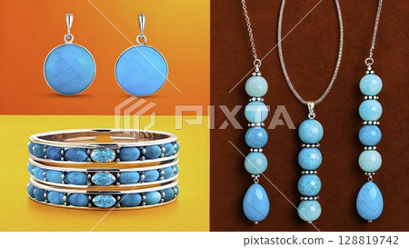 Turquoise jewelry displayed against vibrant backgrounds showcasing unique designs and playful colors Turquoise jewelry displayed against vibrant backgrounds showcasing unique designs and playful colors 128819742