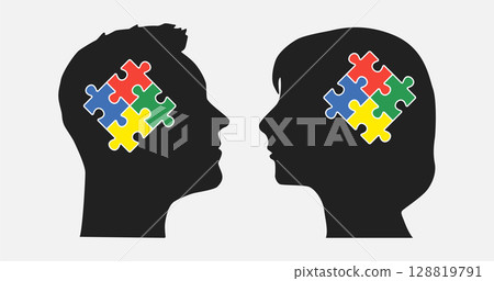 Head woman and man made puzzle pieces, brain, idea 128819791