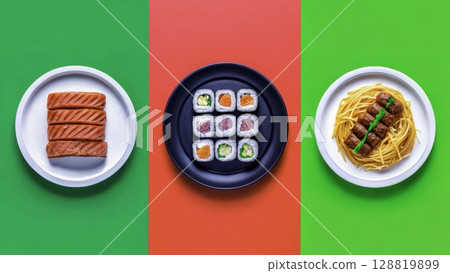 Colorful assortment of sushi, salmon, and spaghetti served on vibrant plates in a modern culinary presentation 128819899