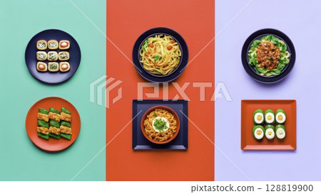 Colorful arrangement of various dishes showcasing international cuisine on vibrant backgrounds 128819900