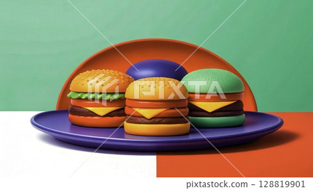 Colorful toy hamburgers on a modern plate with vibrant background and playful arrangement 128819901