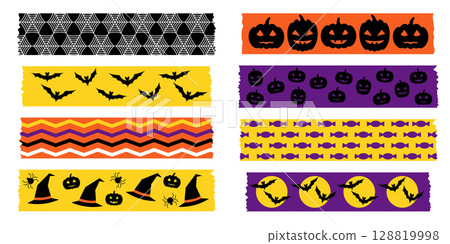 Vector Halloween washi tape collection with decorative strips in black orange and purple. Featuring cute bats pumpkins and spiders. Ideal for festive packaging scrapbooking and spooky crafts. Vector Halloween washi tape collection with decorative strips in black orange and purple. Featuring cute bats pumpkins and spiders. Ideal for festive packaging scrapbooking and spooky crafts. 128819998