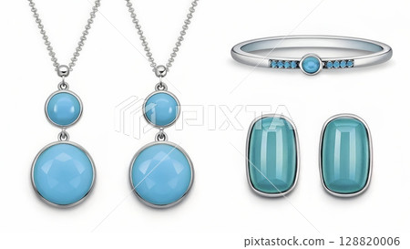 Elegant turquoise jewelry collection featuring earrings, necklace, bracelet, and ring for a stylish look Elegant turquoise jewelry collection featuring earrings, necklace, bracelet, and ring for a stylish look 128820006
