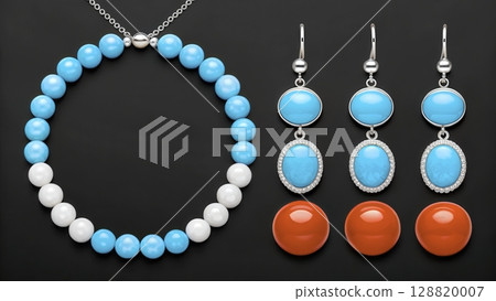 Colorful jewelry set featuring turquoise necklace and matching earrings on a dark background 128820007