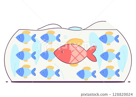 Red Fish Swimming Opposite Blue School.Concept of Individuality 128820024