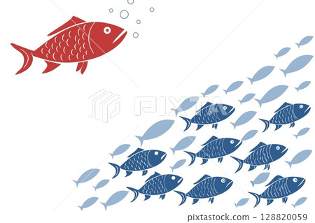 Red Fish Swimming Opposite Blue School.Concept of Individuality 128820059