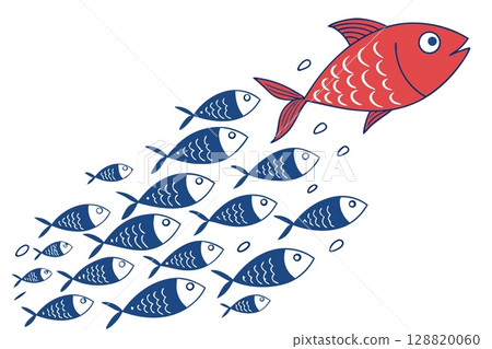 Red Fish Swimming Opposite Blue School.Concept of Individuality 128820060