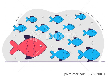 Red Fish Swimming Opposite Blue School.Concept of Individuality 128820061