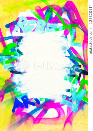 Colorful Graffiti Art with Neon Splashes on Grunge Yellow Background, 90s Urban Style Colorful Graffiti Art with Neon Splashes on Grunge Yellow Background, 90s Urban Style 128820114