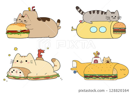 Cartoon Cats with Burgers and Submarines Cartoon Cats with Burgers and Submarines 128820164