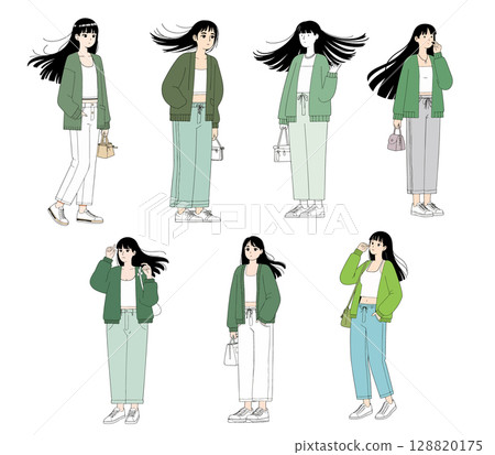 Fashion Illustration of Women in Casual Outfits 128820175