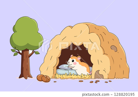 Cartoon Mouse Sleeping in Burrow 128820195
