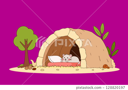 Cartoon Mouse Sleeping in Burrow Cartoon Mouse Sleeping in Burrow 128820197
