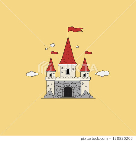 Cartoon Castle with Red Roof and Flags 128820203