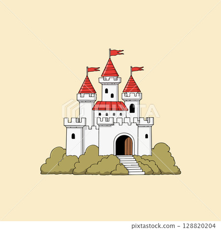Cartoon Castle with Red Roof and Flags Cartoon Castle with Red Roof and Flags 128820204