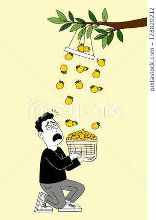 Man Carrying Lemon Tree and Full Basket 128820212