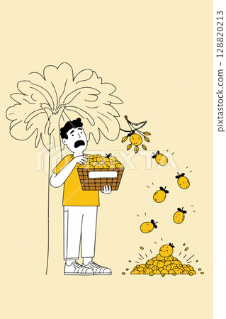 Man Carrying Lemon Tree and Full Basket 128820213