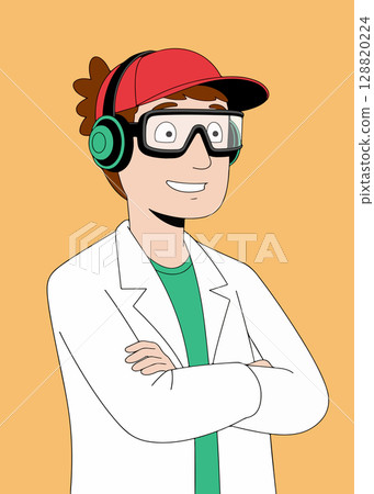 Cartoon Scientist with Goggles and Headphones Cartoon Scientist with Goggles and Headphones 128820224