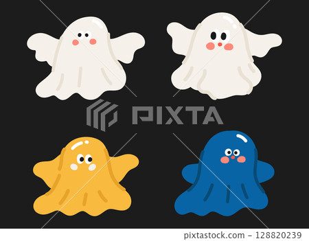 Cute cartoon halloween ghost. Halloween cartoon doodle set. Vector illustration in cartoon style. 128820239