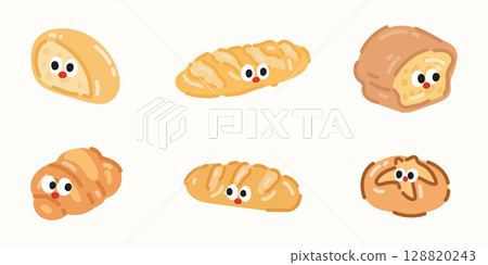 Cute cartoon kawaii bread. Cartoon doodle illustration set. Vector illustration in cartoon style. 128820243