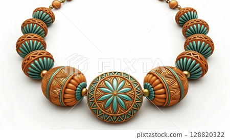 Colorful polymer clay necklace featuring intricate designs and vibrant hues 128820322