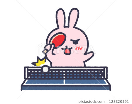 乒乓球比賽中兔子將球擊入網的插圖（彩色線畫） 128820391