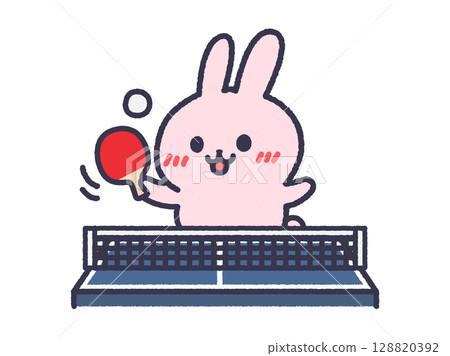 Illustration of a rabbit practicing table tennis (line drawing color) 128820392