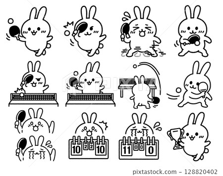 A set of illustrations of a rabbit playing table tennis (line drawing) in various scenes A set of illustrations of a rabbit playing table tennis (line drawing) in various scenes 128820402