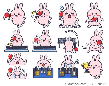 一組乒乓球兔（彩色線條畫）的插圖，各種場景 128820403