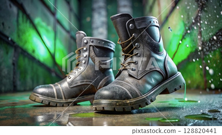 Stylish waterproof boots resting on wet ground with colorful graffiti wall behind during daytime 128820441