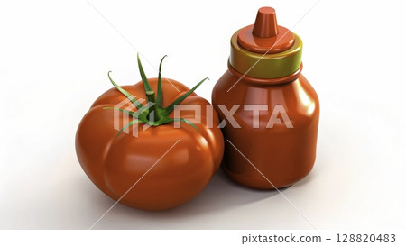 Fresh tomato and bottle of ketchup on a clean white background showcasing vibrant colors and textures 128820483