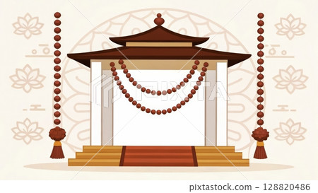 Festive decorative arch with red accents in an outdoor setting for a cultural celebration Festive decorative arch with red accents in an outdoor setting for a cultural celebration 128820486