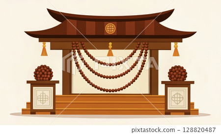 Decorative Chinese altar with red ornaments and traditional elements for cultural celebration Decorative Chinese altar with red ornaments and traditional elements for cultural celebration 128820487