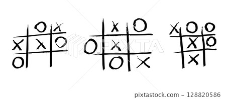 Tic Tac Toe game sketch crayon hand drawn grid. Chalk drawing doodle set board game simple isolated on white background. Tic Tac Toe game sketch crayon hand drawn grid. Chalk drawing doodle set board game simple isolated on white background. 128820586