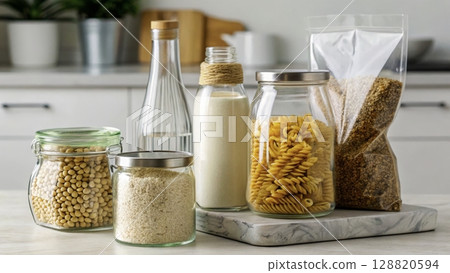 Organized kitchen pantry showcasing various jars of grains, pasta, and liquids for meal preparation and storage 128820594